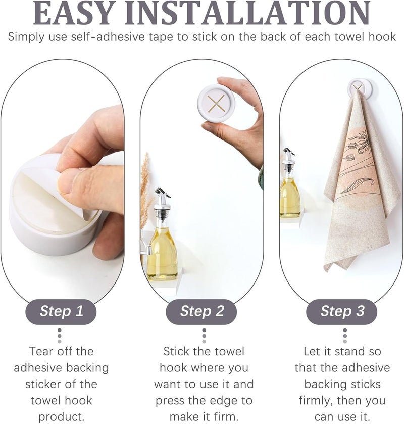 Philbinden 3 Pieces Kitchen Towel Hooks Round Adhesive Dish Towel Hook Premium Chrome Finish & Easy Installation Wall Mount Hand Towel Hook Ideal as Bathroom, Shower or Outdoor Towel Holders (White) - Image 5